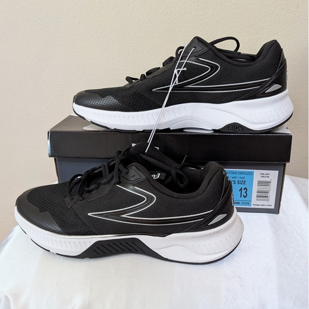 New‎ Fila Men's Action-Stride Energized Sneakers Black White Size 13